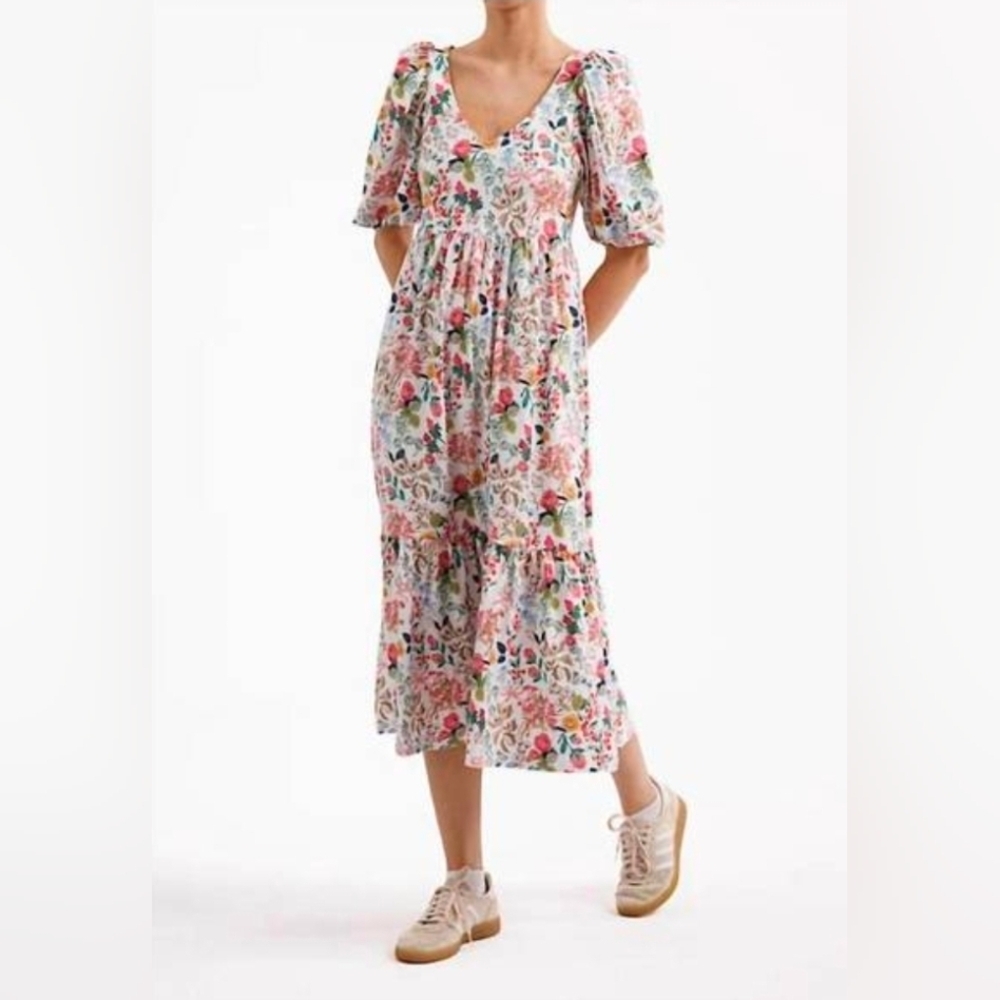Smith & Quinn Floral Print Puff Sleeve Midi Dress XS (7855)